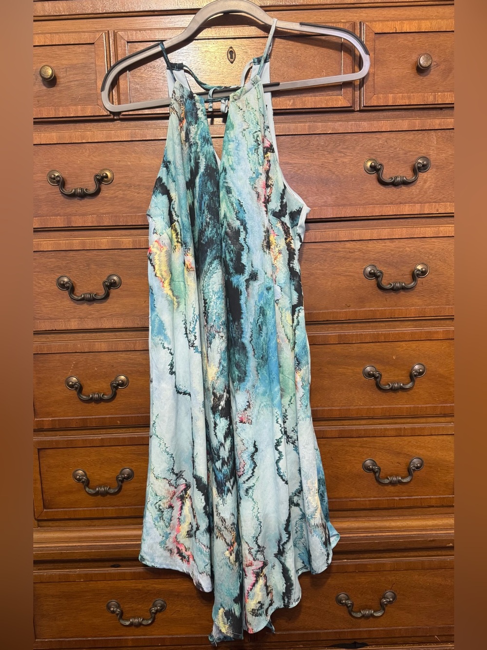 Mossimo Boho Abstract Print Handkerchief Hem Halter Dress Y2K Fairycore XS